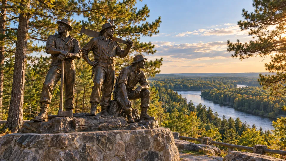 Three bronze lumbermen figures overlooking a forested river valley